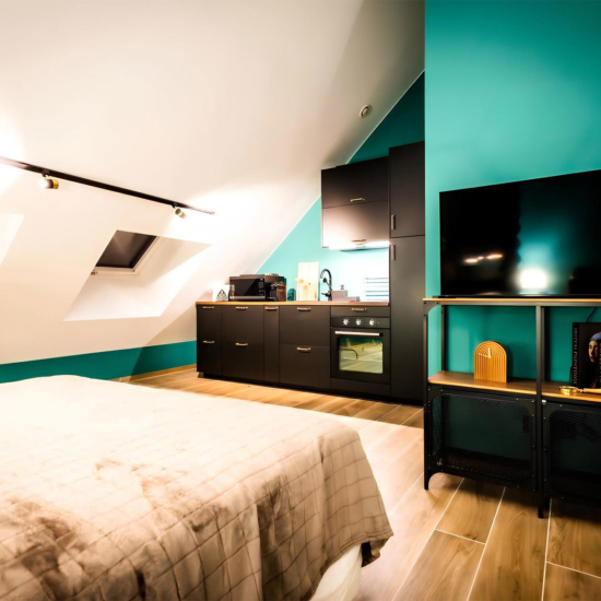 Espace suite privative avec lit douillet, kitchenette équipée, et décoration contemporaine